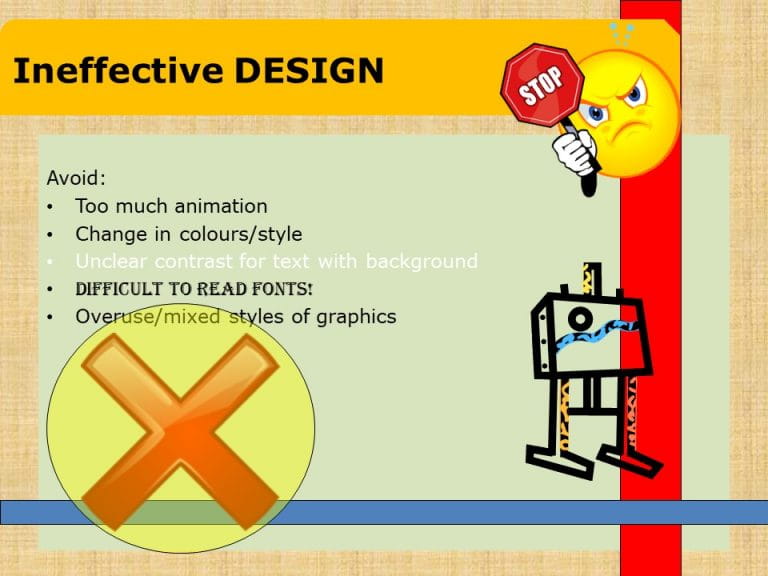 Ineffective slide design example with mixed graphics/colours, textured background and different to read fonts. 